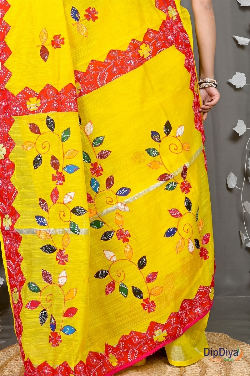 Yellow Red Cotton Blended Parik Applique Saree (329)